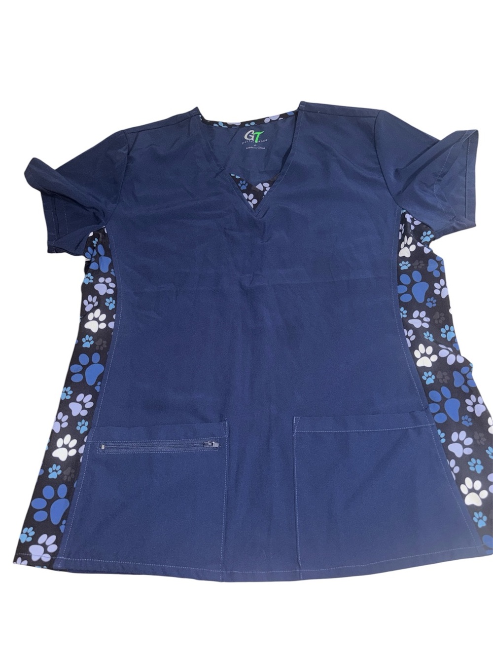 GT Navy Scrub Top with Blue & White Paw Print Panels